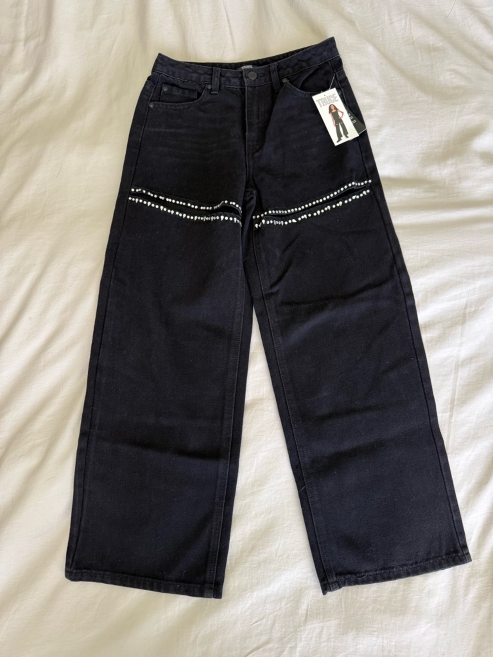 Black Kids Wide-Leg Jeans with Cut-Out Studded Detail